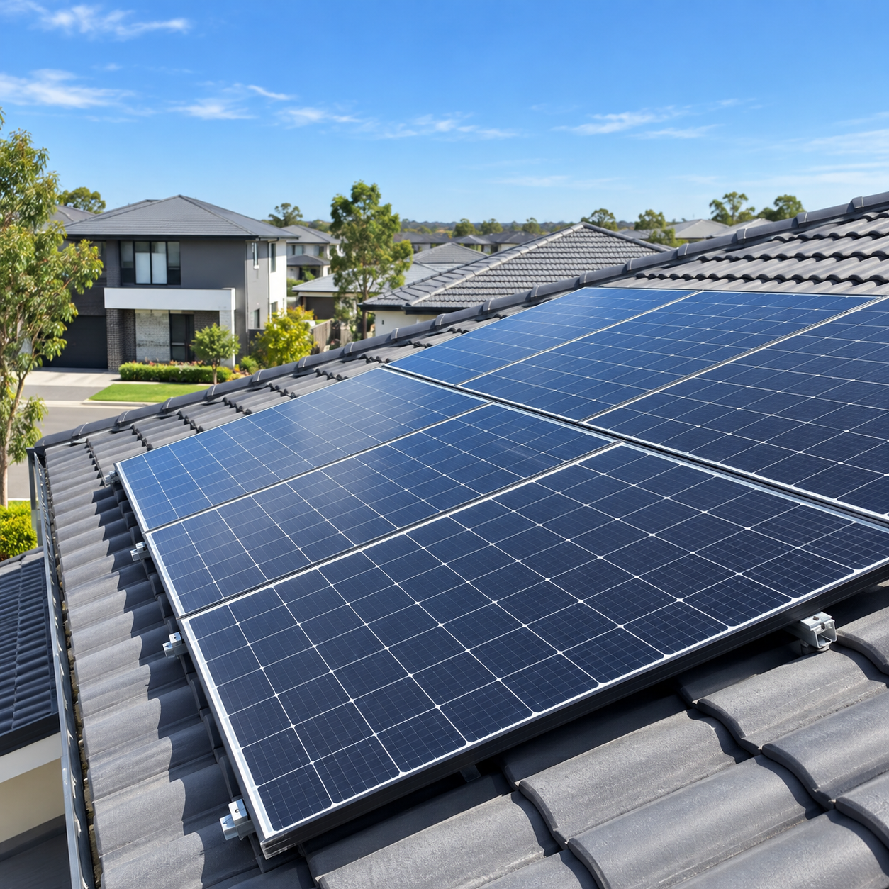 Solar panels installed on a suburban tiled roof